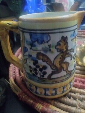 Hand-Painted  8 Oz Mkd Century Yellow and Blue Pitcher From Spain